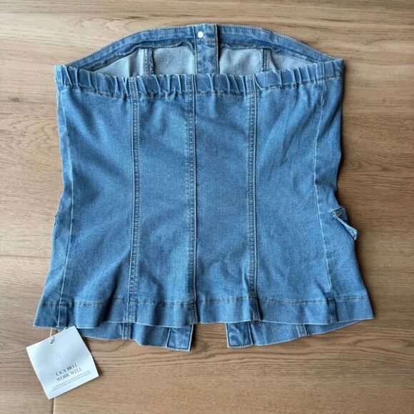 NWT Cicy Bell Women’s Light Wash Denim Strapless Vest Button Down Top Large - Picture 4 of 4